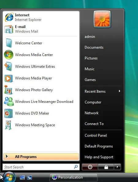 The start menu in Windows Vista